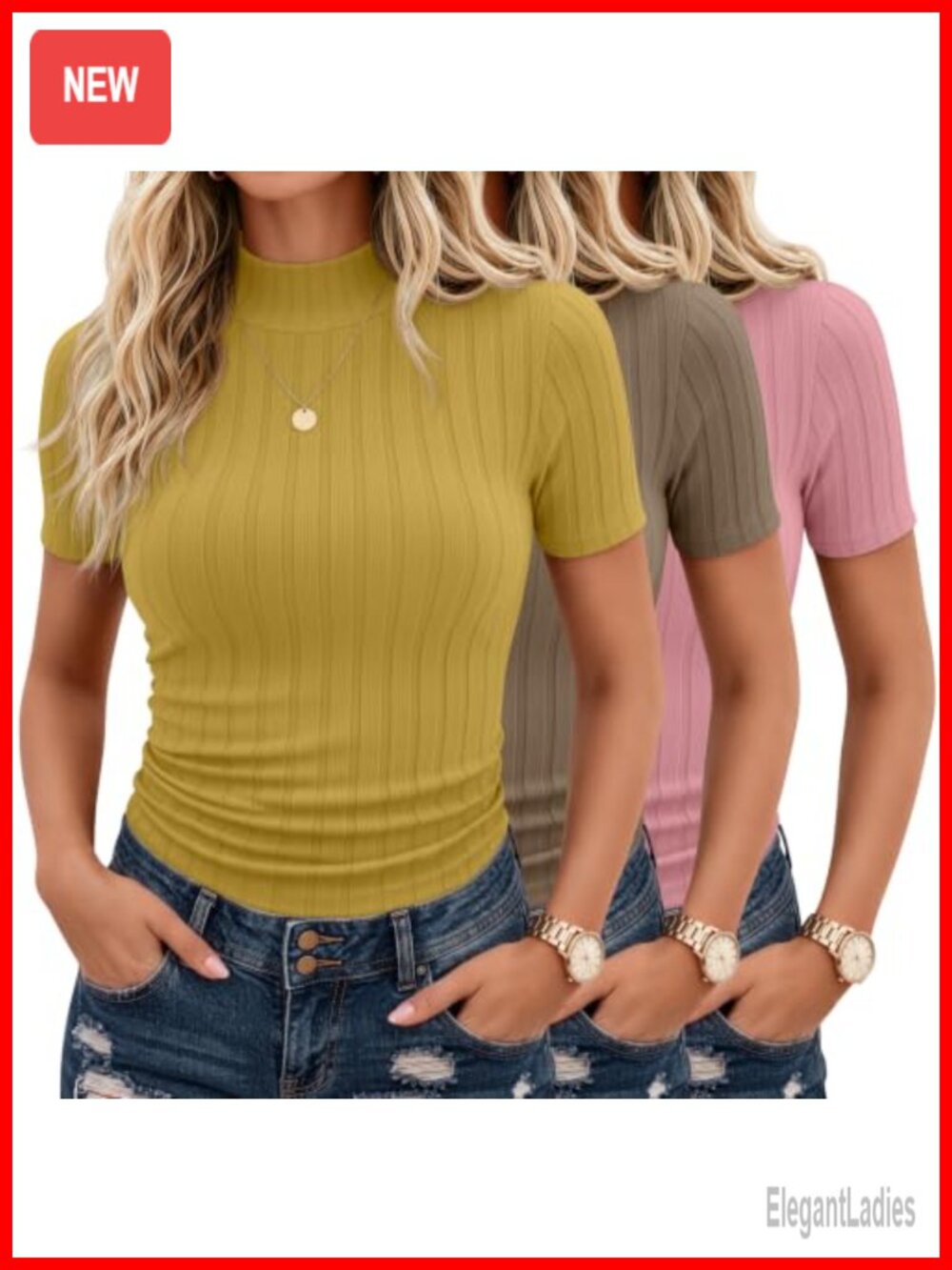 3 Pack Women's Mock Turtleneck Ribbed Short Sleeve Tops Slim Fit